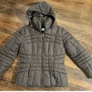 Calvin Klein Womens Med Charcoal Gray Hooded Full Zip Puffer Jacket Winter Coat